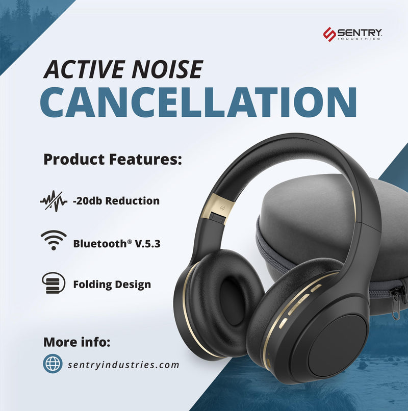 SENTRY OSH Over Ear Bluetooth Wireless Headphones, Active Noise Canceling -20dB Reduction, 22 Hour Battery Life, Control Buttons, Built in Microphone, USB C Charging and Carrying Case Included Black