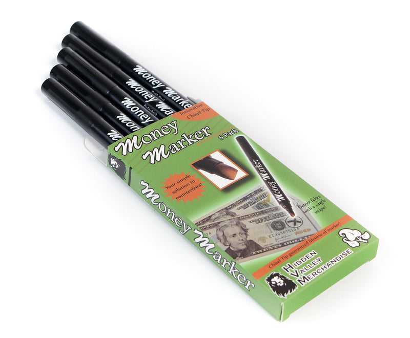 Money Marker (5 Counterfeit Pens) - Counterfeit Bill Detector Pen with Upgraded Chisel Tip - Detect Fake Counterfit Bills, Universal False Currency Pen Detector Pack 1