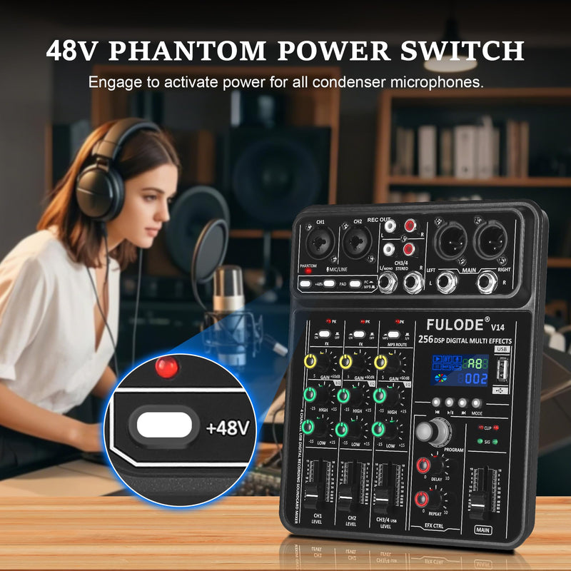 4 Channel Mixer DJ Audio Mixing Console with 256DSP, Small Music Sound Mixer Board Supports USB Bluetooth MP3 Computer Input, 48V Phantom Power & PAD Function for Recording Studio Streaming V14