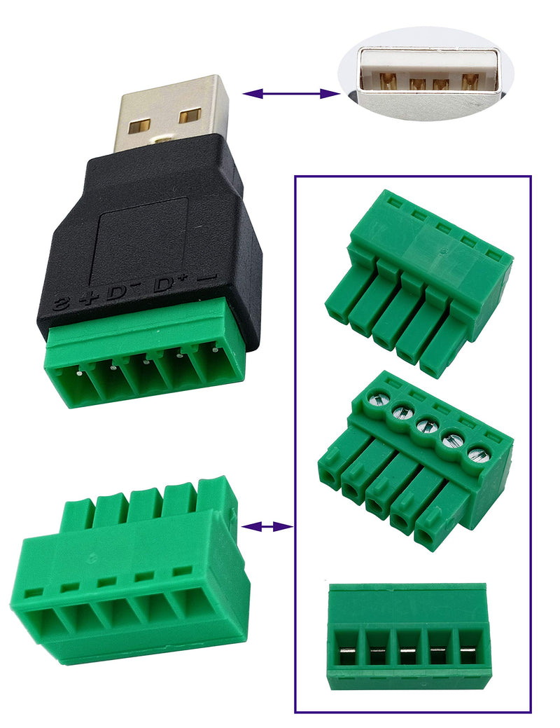 AAOTOKK USB 2.0 A Screw Terminal Block Adapter USB 2.0 A Male to 5 Pin/Way Female Bolt Screw Shield terminals Pluggable Type Adapter Connector for Charging and Data Transfer (2Pack/Male)
