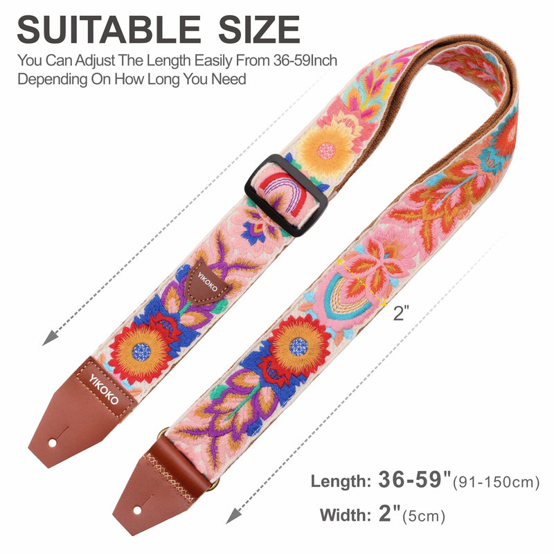 Guitar Strap，2 inch Flower Knit Cotton Guitar Straps with Full Grain Leather End, for Bass Electric and Acoustic Guitars, Free Strap Button, 2 Strap Locks and 4 Guitar Picks Colorful Flower 03