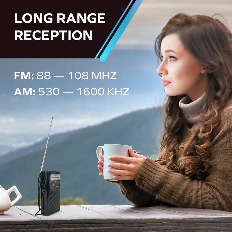 [AUSTRALIA] - Coby Portable AM/FM Radio – Retro Battery Operated Pocket Radio with Powerful Speakers, Long 800-Hour Battery, Clear Reception, Emergency & Travel Transistor Device for Home or Outdoors B-Black 
