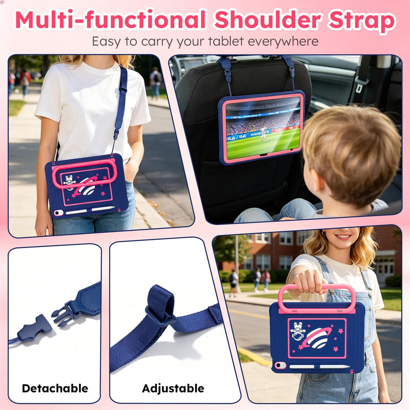 Kids Case for iPad (A16) 11th/10th Generation 10.9"/11" 2025/2022 Release | DJ&RPPQ With Screen Protector, Degree Fold Handle Stand, Shoulder Strap, Pencil Holder for ipad A16 case kids Navy Pink Pink Blue