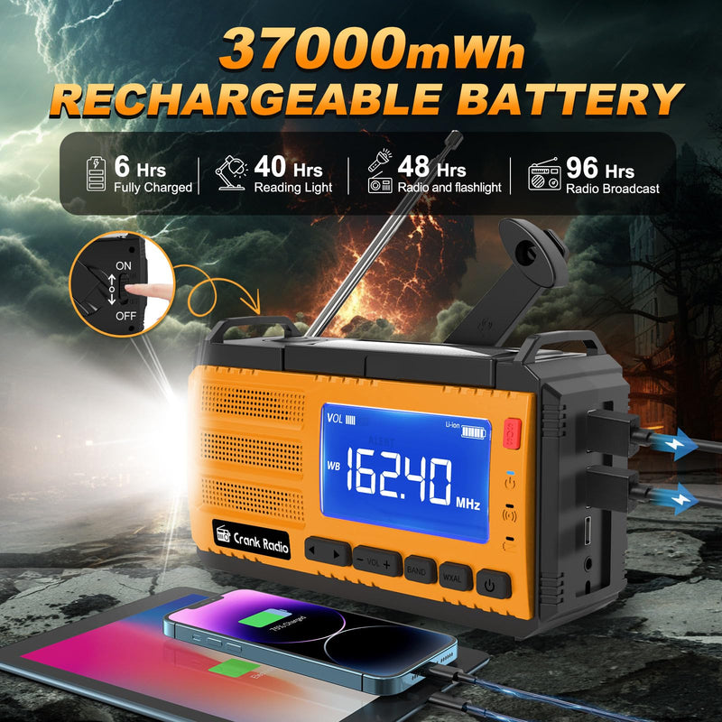 Emergency Weather Radio Solar Hand Crank Emergency Radio 37000mWh AM/FM NOAA Weather Radio with LCD Display 3 Mode Flashlight SOS Alarm Compass Headphone Jack for Winter Storm Emergency Orange
