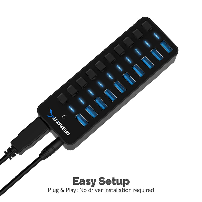 SABRENT 10-Port 60W USB 3.0 Hub with Individual Power Switches and LEDs Includes 60W 12V/5A Power Adapter (HB-BU10)