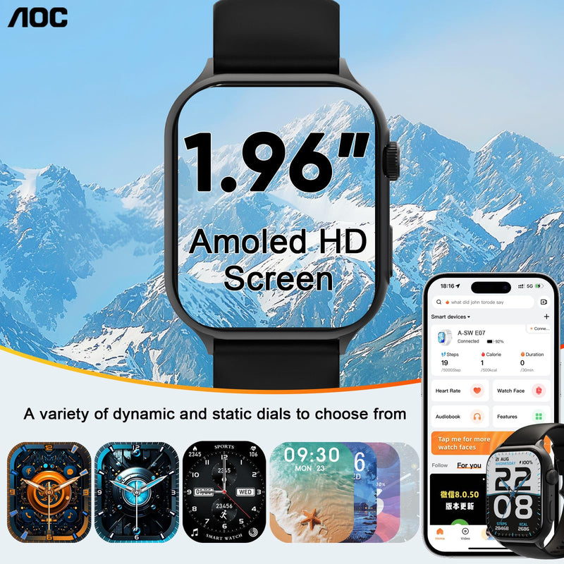 AOC Smart Watch with 1.95" AMOLED Display, ChatGPT AI& Bluetooth Call, Fitness Tracker for Women Men, Heart Rate & Sleep Monitor, 100+ Sports Modes, 10 Days Battery, IP68 Waterproof, Silver