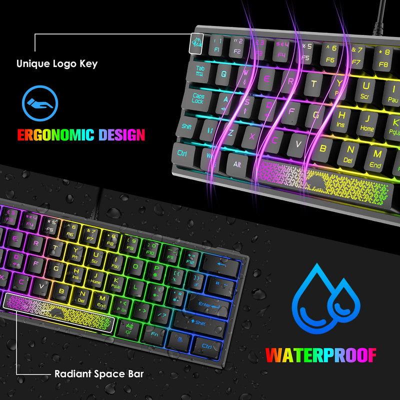 ZIYOU LANG K61 60% Gaming Keyboard Mini Portable with Rainbow RGB Backlit Ergonomic 62Key Layout 19Key Anti-ghosting Mechanical Feel Waterproof USB Wired for PC Mac Windows Gamer Laptop Typists(Black) Black