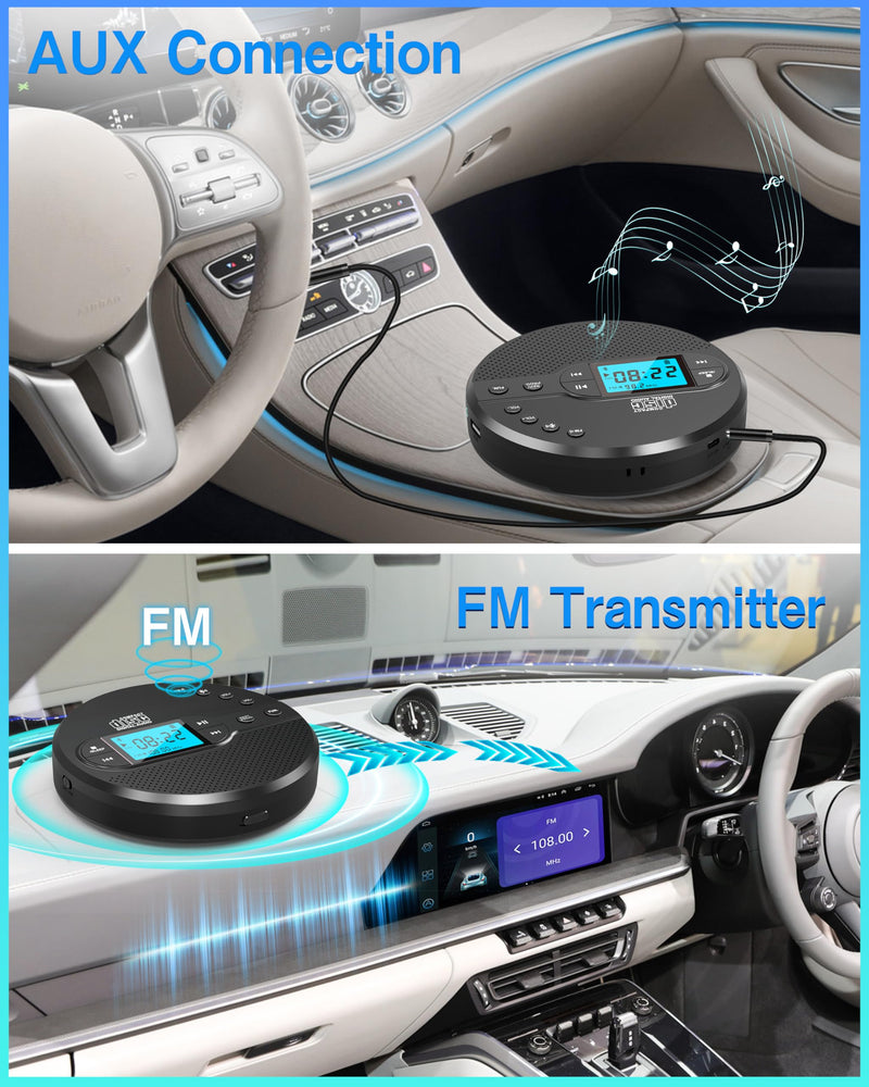 Portable CD Player with Bluetooth, Walkman CD Player with FM Transmitter and Speakers for Car, Rechargeable Discman CD Player with Anti-Skip Protection, Headphones, LCD Display (Black)