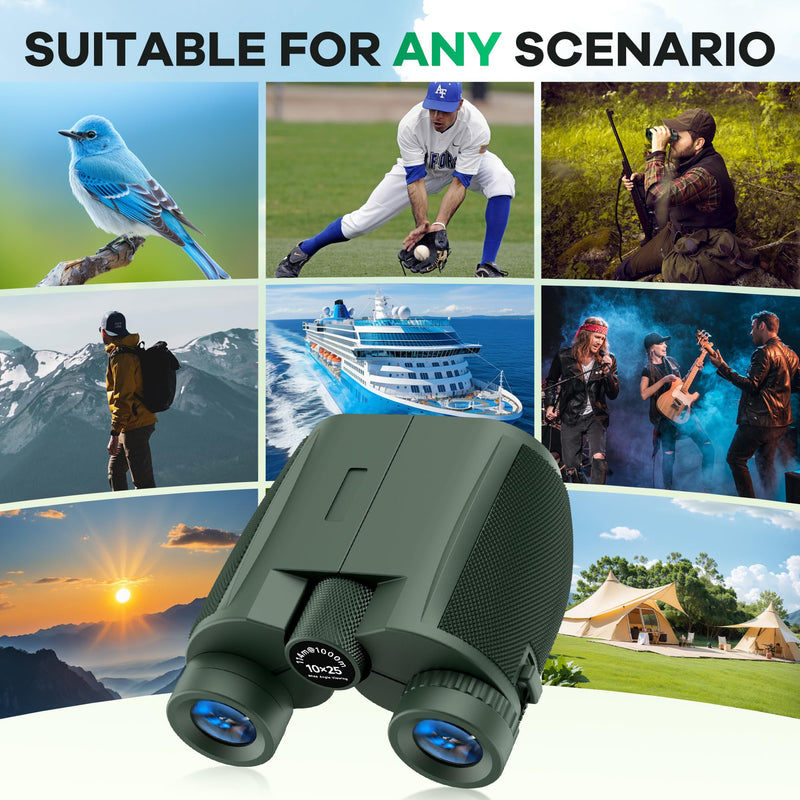 [AUSTRALIA] - Leacco 10x25 Compact Binoculars for Adults and Kids, Large View Waterproof Small Binoculars with Low Light Vision BAK4 Prism FMC Lens for Cruise Ship Bird Watching Travel Hunting, Military Green 
