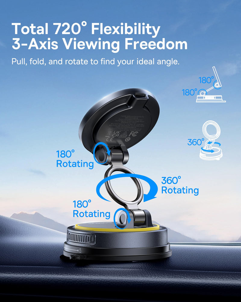 Baseus Vacuum 15W for Magsafe Car Mount Charger, 119LBS Suction Cup 720° Adjustable Magnetic Car Charger Phone Holder, Foldable Cell Phone Holder with Reusable Washable Gel for Car & for 17to13 iPhone Black