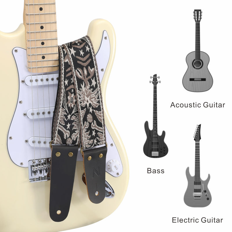 Nefelibata Guitar Strap, 2" Embroidery Full Grain Leather Ends Guitar Straps with Hidden Pocket, for Bass, Electric and Acoustic Guitars, Strap Button, Strap Locks and Guitar Picks Mystery Totem-beige