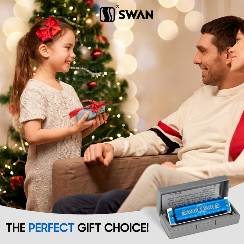 SWAN Blues Harmonica C Key for Kids Adults, 10 Hole Diatonic Harmonica Key of C Brass Reed Blues Harp for Beginners Students, Metal Mouth Organ in Stainless Steel C Major, Black Swan Ocean Blue 10-hole blues (Black Swan Series) C key Blue
