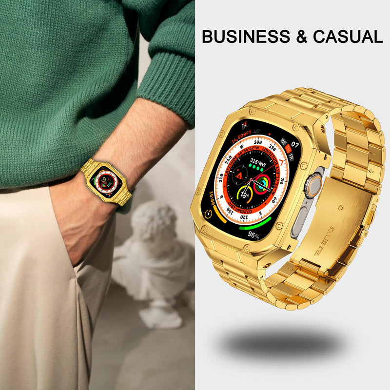 Stainless Steel Watch Band with Case Compatible with Apple Watch Ultra 49mm | BAITEYOU Rugged Metal Strap with Cover for iWatch, Ultra 3/2/1 49mm, Luxury Protective Bracelet for Men. Gold 49mm (Ultra 3 2 1）