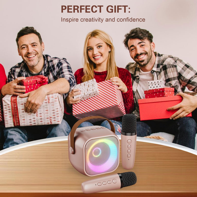 [AUSTRALIA] - Mini Karaoke Machine, Portable Bluetooth Karaoke Speaker with 2 Wireless Microphones and Party Lights for Kids and Adults, Birthday Gifts for Girls Boys Family Home Party (Rose Gold) 2 Mics Rose Gold 