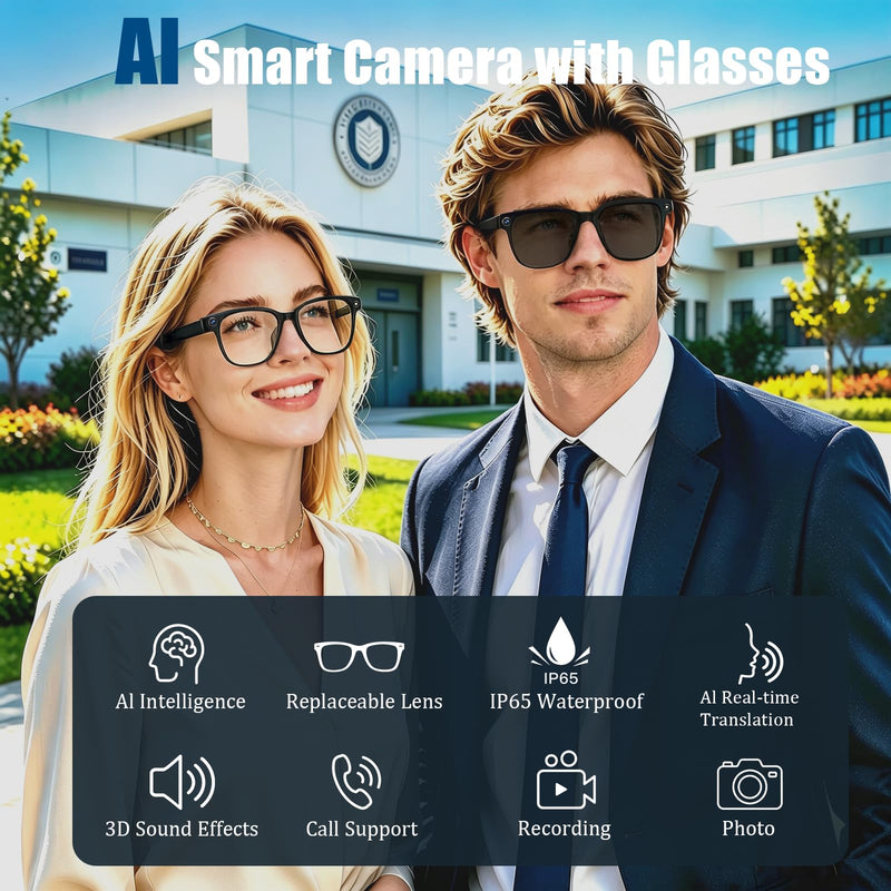 AI Smart Glasses with Camera,8MP Camera Glasses,4K HD Video Recording Glasses with AI Assistant,IP65 Waterproof Bluetooth,Replaceable Sunglasses with Photochromic Lens Eyeglass frame width 53mm