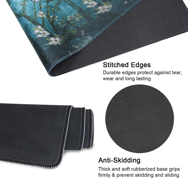 Meffort Inc Extra Large Extended Gaming Desk Mat Non-Slip Rubber Pads Stitched Edges Mouse Pad 35.4 x 15.7 inch - Vincent Van Gogh Almond Blossom