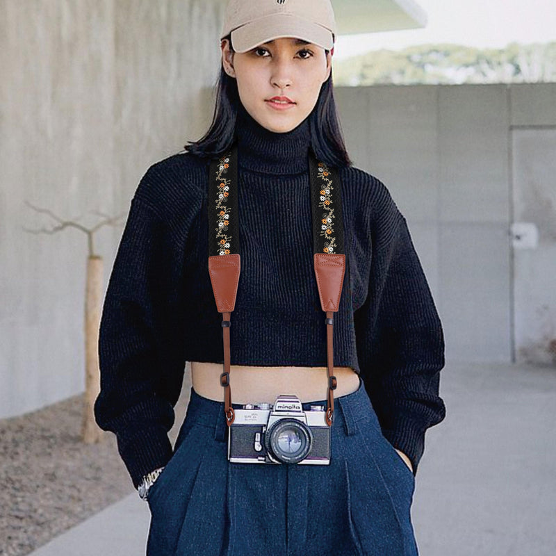 Padwa Lifestyle Camera Strap - 2" Full Grain Leather Ends Camera Straps for Photographers, Vintage Embroidered Cotton Weave Soft Suede Fabric Padded Strap Quick Release fits All Cameras Mustard Flowers 2 inch Wide / Adjustable 41~56 inch
