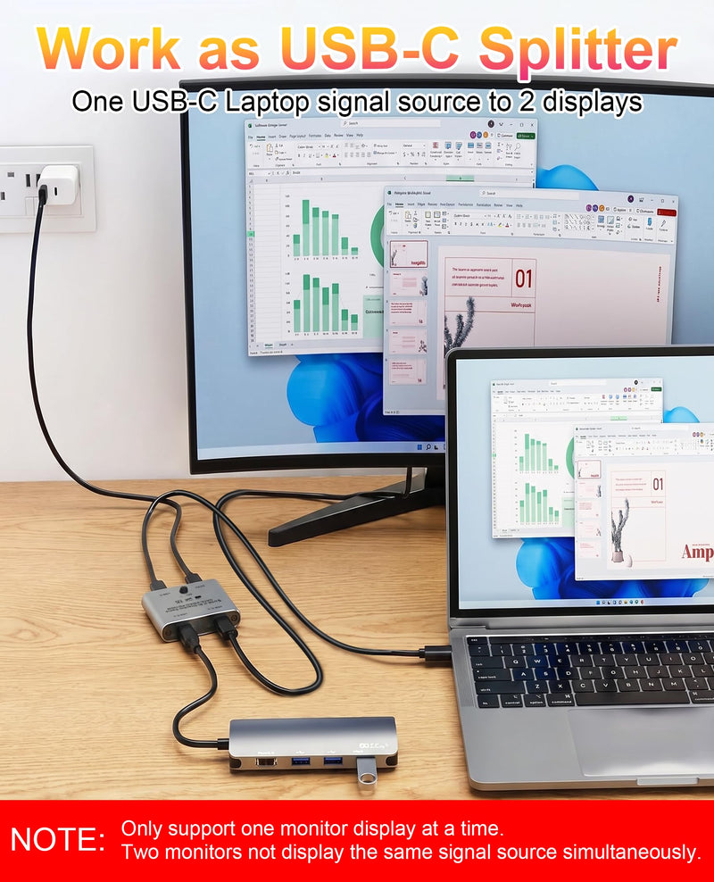 8K USB C Switch, Bi-Directional USB C Switcher for 2 Computers - 8K@60Hz/4K@120Hz Video + 100W PD Charging + 10Gbps Data Transfer, 1 in 2 Out / 2 in 1 Out USB C Splitter Switch with Power Cable