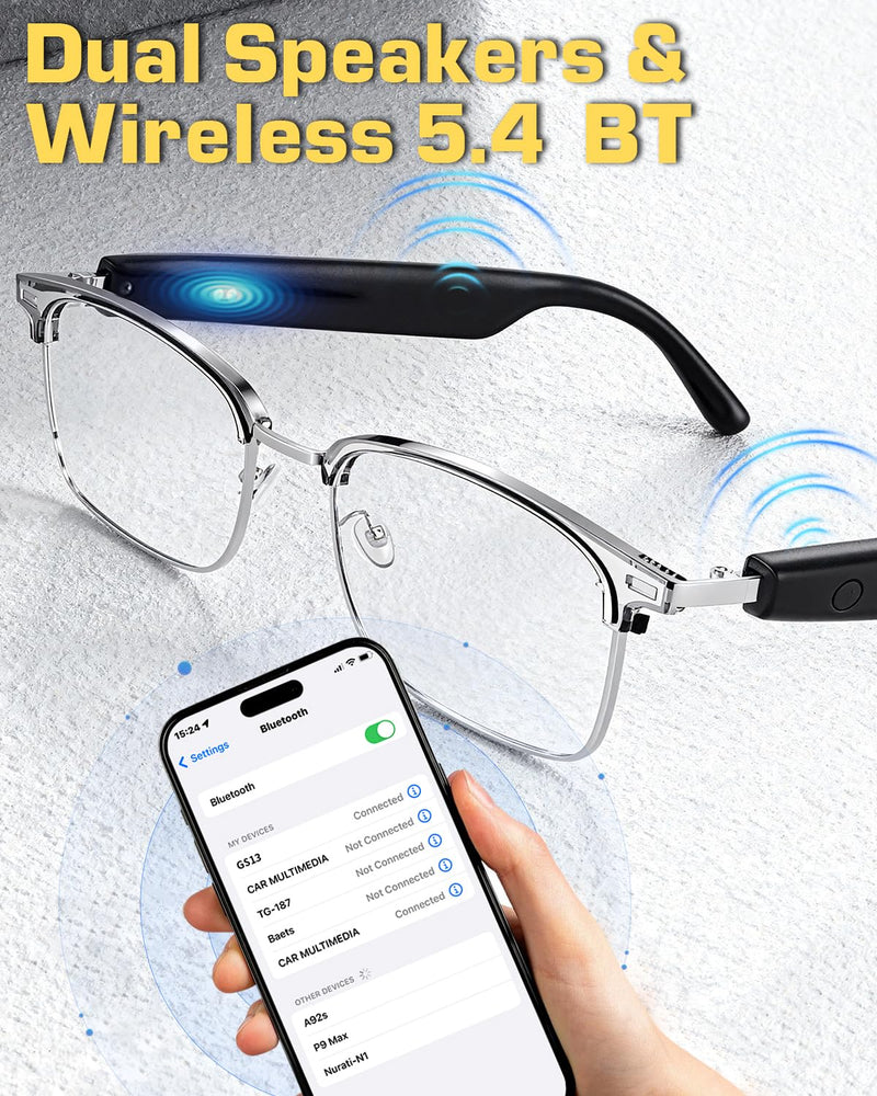 AI Smart Glasses, Bluetooth Glasses for Men & Women, Instant Recording Translation Glasses, UV-Adjustable Blue Light-Blocking Glasses with Dual Speakers for Travel, Work, Business Grey