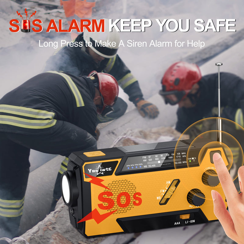 Yestiwc 7400mWh Emergency Crank Radio, Hand Crank Solar Radio, Battery Radio Emergency with NOAA/AM/FM, Power Bank, Hand Crank/SOS Alert&Flashlight Reading Lamp for Emergency Camping Storm Survival Orange