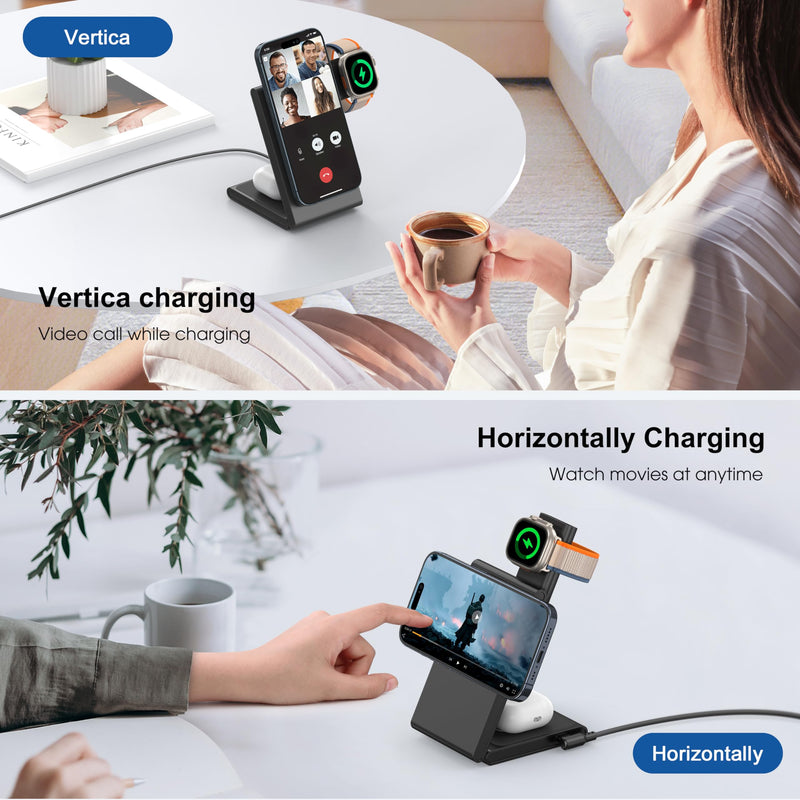 3 in 1 Wireless Charging Station for Multiple Devices, Fast Foldable Travel Mag-Safe Stand for iPhone 15 14 13 12 Pro Max/Plus/Pro/Mini, Magnetic Charger for Apple Watch/AirPods Pro with 20W Adapter Upgraded Black