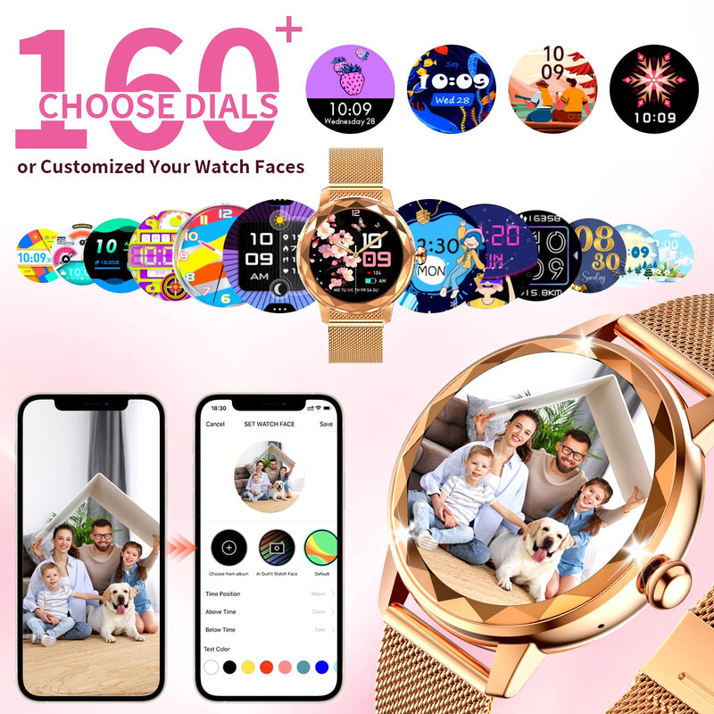 Smart Watch for Women, 1.2" Display 100+ Sports, IP68 Waterproof | Fitness Tracker with Heart Rate, Sleep & Female Cycle, Adjustable Fit, iOS & Android Compatible, W02-Rose Gold