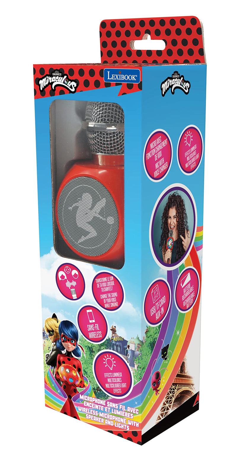 LEXiBOOK Miraculous Wireless Microphone with Speaker and Lights, Bluetooth®, Voice Change Function, Light Effects, Micro SD Port, USB, Silver/red, MIC260MI