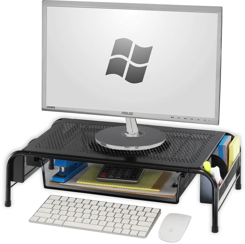SimpleHouseware Metal Monitor Stand Riser with Drawer + Mesh Monitor Stand Riser