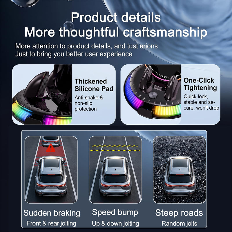 Wireless Car Charger Phone Holder for Dashboard,One-Hand Operation 15W | Fast Charging for MagSafe iPhone , 7-Color RGB Light On/Off, 360° Rotating View, Automatic Dual-Hook Locking