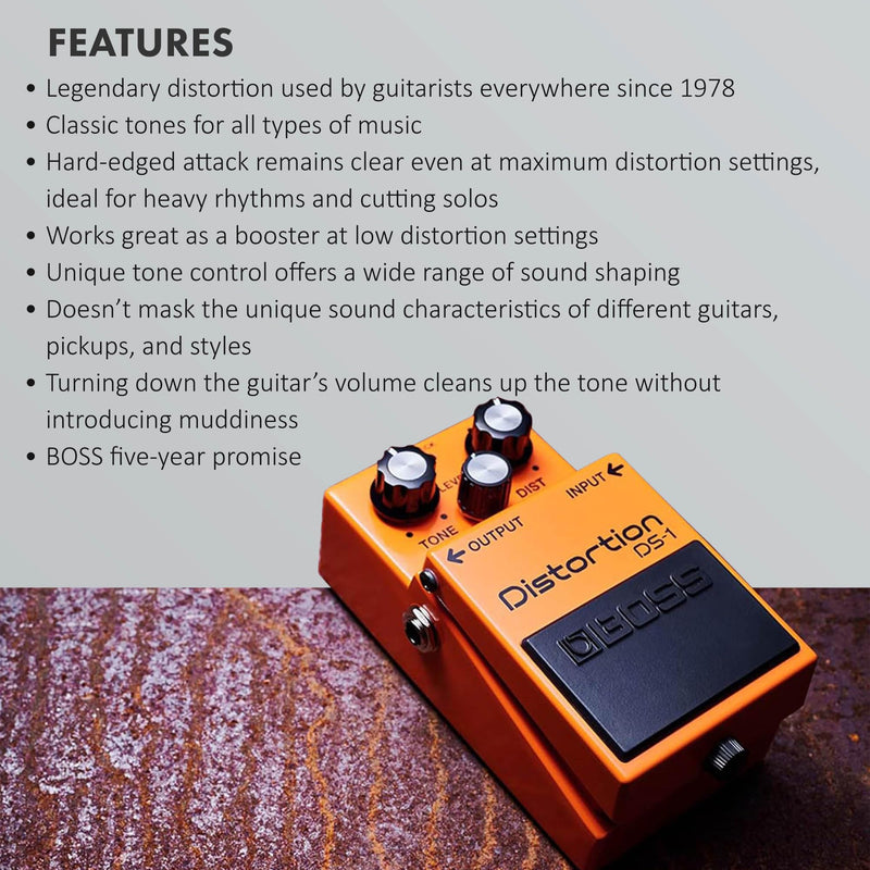 Boss DS-1 Distortion Bundle with Gearlux Power Supply, Instrument Cable, Patch Cable, Picks, and Austin Bazaar Polishing Cloth DS - 1 Bundle w/ Power Supply