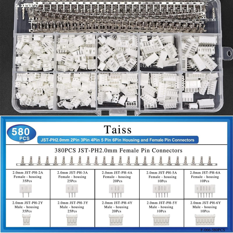 580 pieces JST-XH plug kit, PH 2.0 2/3/4/5/6-pin JST adapter male and male socket, adapter cable, 2.54 mm female metal pin connector, adapter F-066-580 pieces