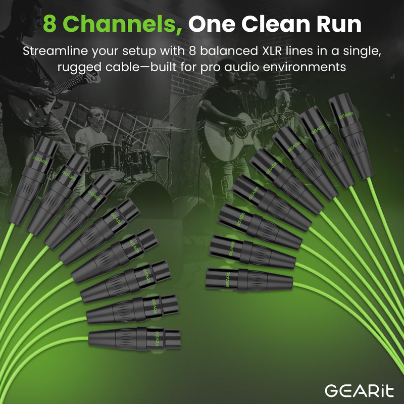 GEARit 8-Channel XLR Snake Cable (10 ft) - 100% Oxygen-Free Copper Snake Wire, Channel Labels, Metal XLR Connectors for Pro Audio - 10 Feet 8-Channel - 10 Feet Black