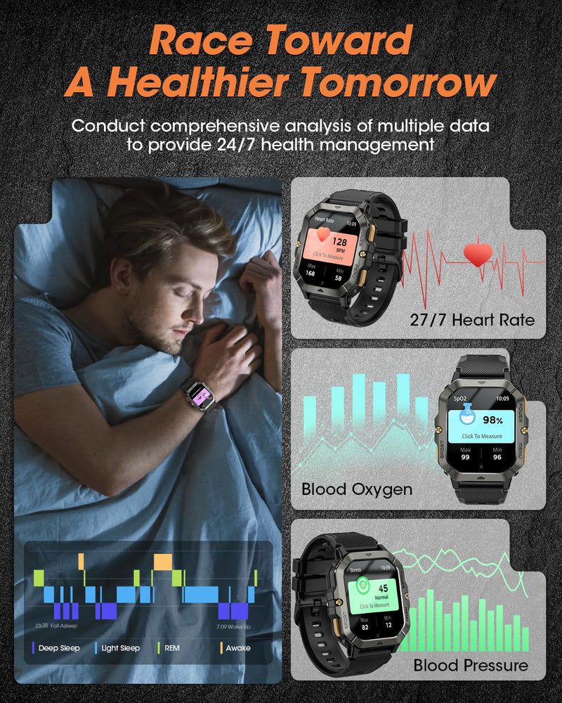 Military Smart Watches for Men (Answer/Make Calls), 2.02'' Fitness Smart Watch for Android and iPhone, Waterproof Fitness Tracker with Blood Pressure/Heart Rate/Sleep/100+ Sport Modes, Watches for Men Black