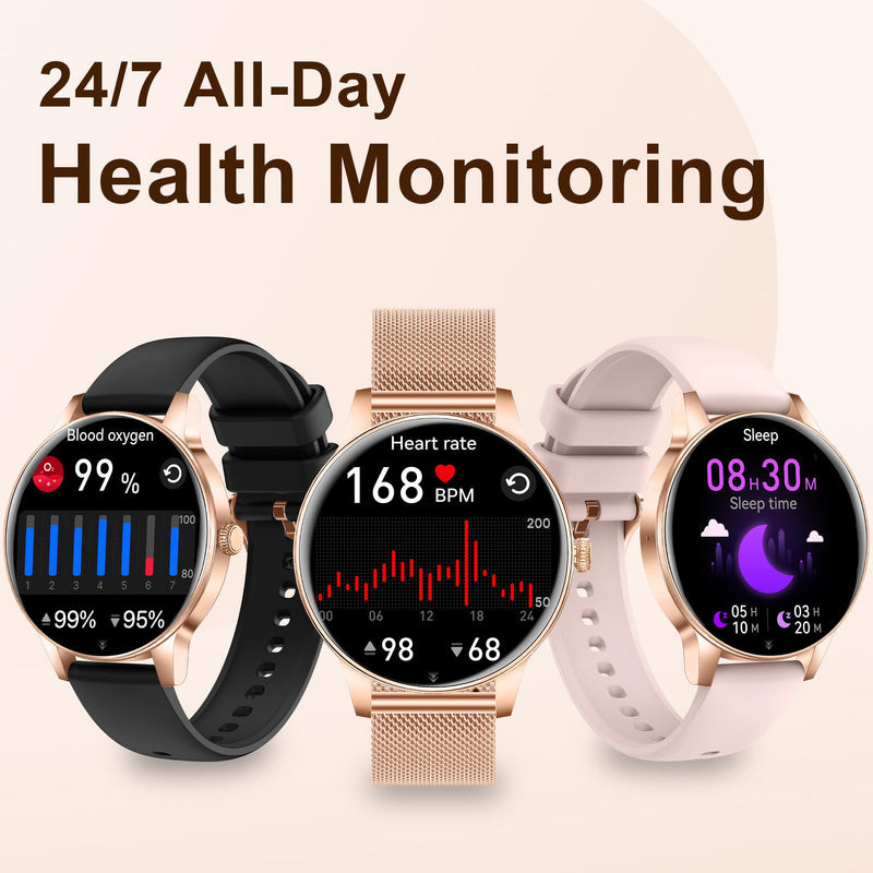 Smart Watches for Women, 1.27" HD Round 3 Bands Rosegold | Fitness Tracker for Android Phones & iPhones, Answer/Make Calls, Sleep Monitor, IP68 Waterproof, 110+ Sport Modes