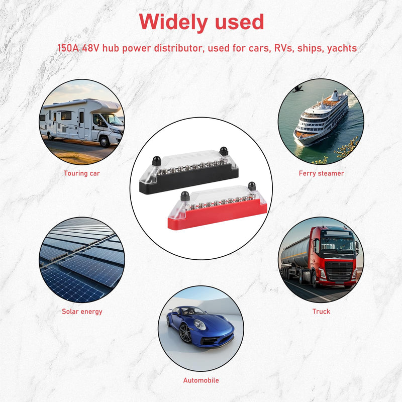 Busbar Distribution Block 12V-48V DC, Pack of 2 150A BusBar Distribution Block with 6 x M8 Terminal Bolts and 2 x M6 Terminal Bolts, 150A BusBar Box for Boat, Truck, Bus