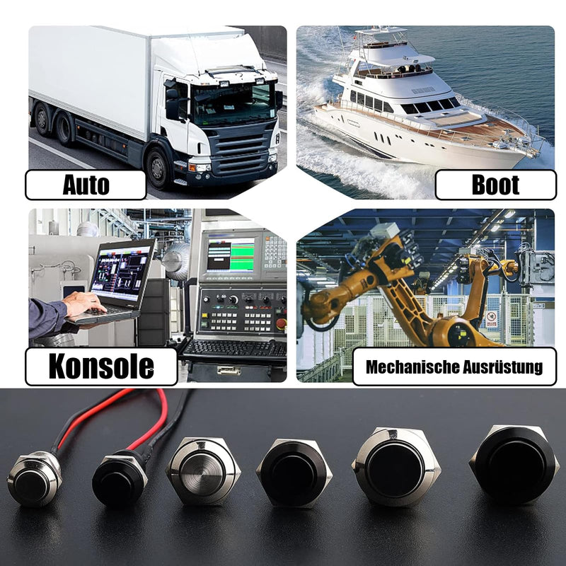 Powice 2 x 12 mm Waterproof Switch, 12 V Waterproof Momentary Reset Switch, Push Button 6A/6V/12V/24V/125V/250V, Suitable for Horns, Car Bells, Cars etc. with Wire (Flat Head)