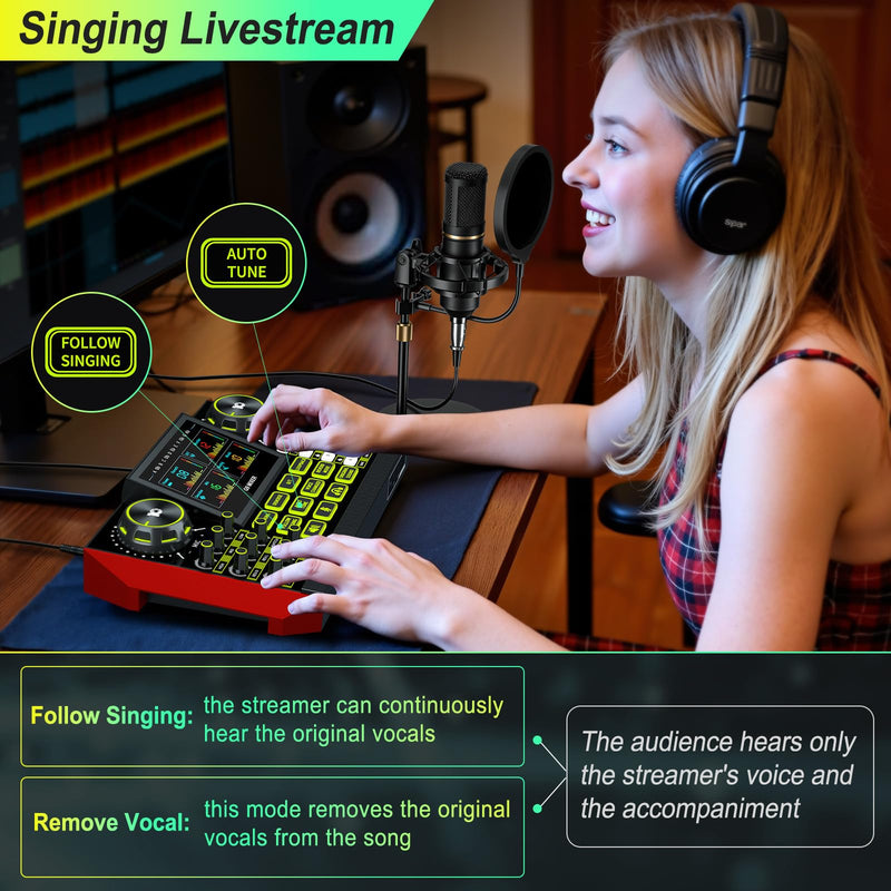 [AUSTRALIA] - Podcast Equipment Bundle Audio Mixer, Sound Board for Pc/Phone Live Streaming Singing Gaming, Podcast Mixer for 3.5/6.35mm Dynamic Microphone, Voice Changer, Denoise, One Click Mute 