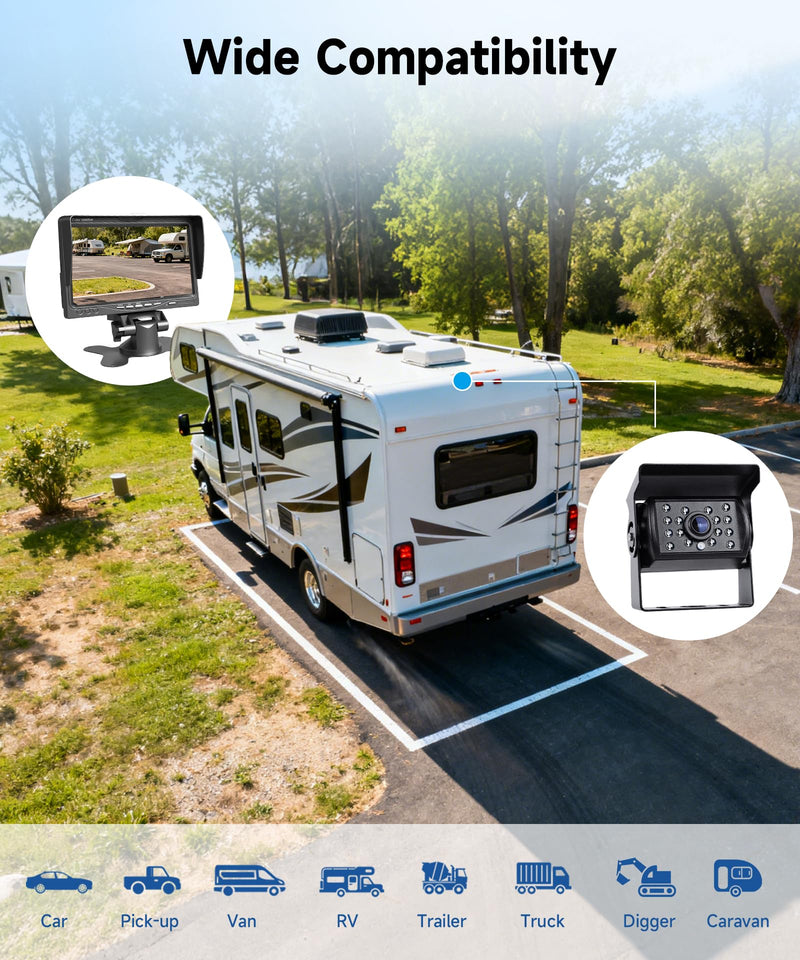 Backup Camera Kit with 7-Inch LCD Monitor, Upriding IP68 Waterproof 18IR Night Vision Rear View Camera for Trailer RV Camper Truck Pickup Bus, +32ft Extension Cable, DIY Guidelines(12V-24V)