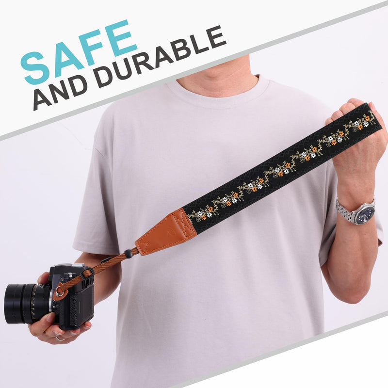 Padwa Lifestyle Camera Strap - 2" Full Grain Leather Ends Camera Straps for Photographers, Vintage Embroidered Cotton Weave Soft Suede Fabric Padded Strap Quick Release fits All Cameras Mustard Flowers 2 inch Wide / Adjustable 41~56 inch