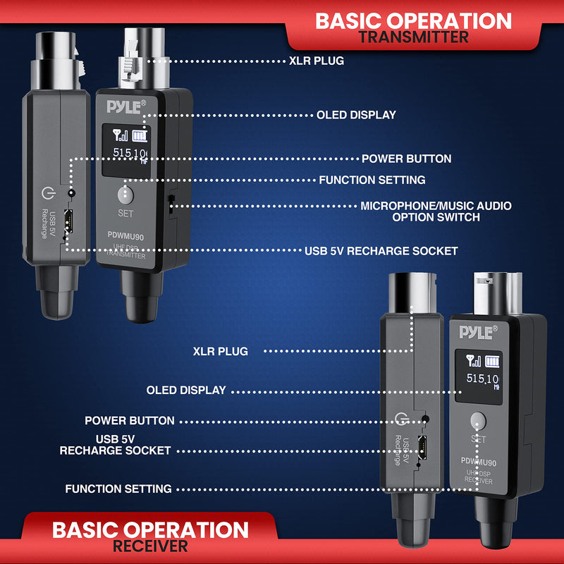 Pyle Multifunctional UHF Wireless XLR Adapter System,Transmitter And Receiver For Dynamic Microphones And Music Sources,48k Frequency Signal Transmission,USB Recharge Capable,90 Feet Range,Dark Gray Sound And Recording Equipment