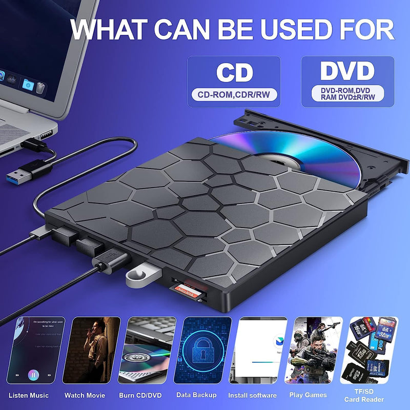 BPAKDU External CD/DVD Drive for Laptop, DVD Player for Laptop with Carrying Case, 8 in 1 USB 3.0 Ultra-Slim Portable, CD Burner External Optical Compatible with Desktop Mac,Windows 11/10/8/7