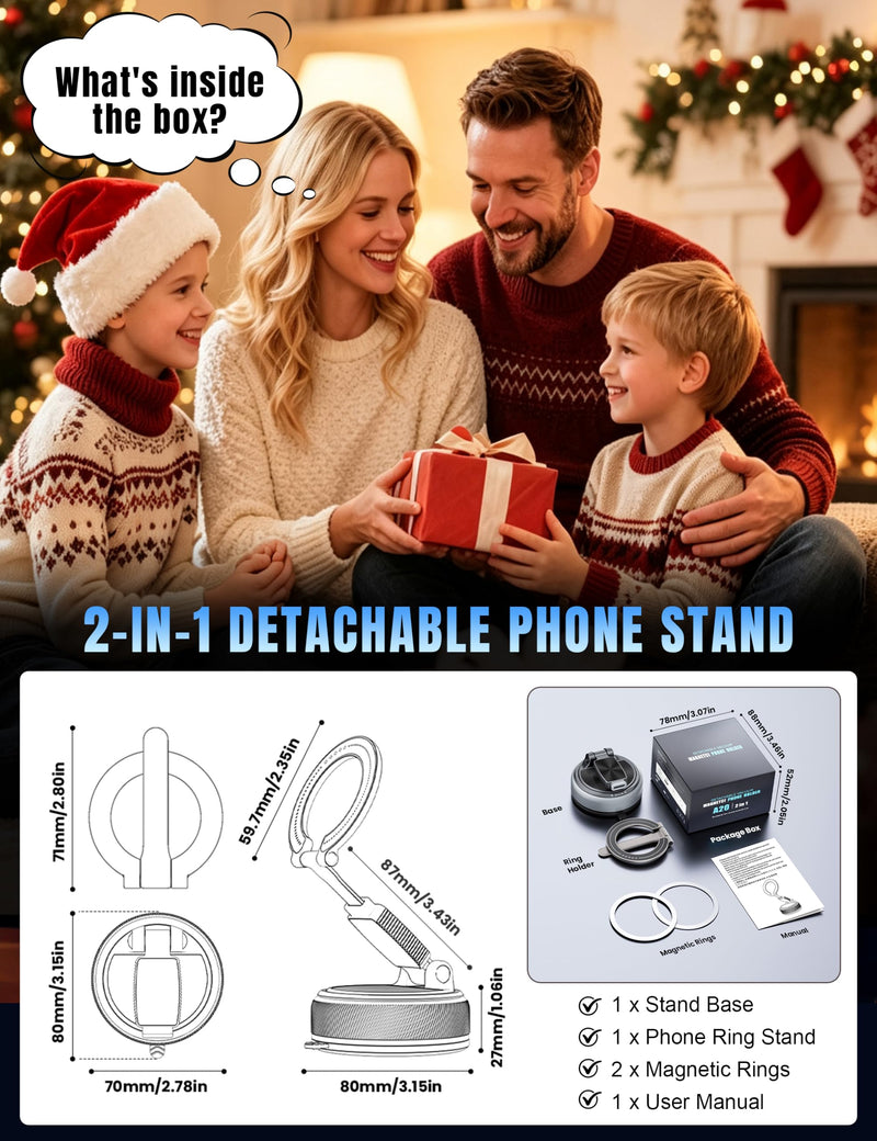 Magnetic Car Phone Mount 2-in-1 Detachable Ring Grip & Windshield Dashboard Vacuum Suction Phone Stand Finger Ring Kickstand Holder for Magsafe Compatible with iPhone 17 16 15 Pro Max Android Black & Gunmetal Gray