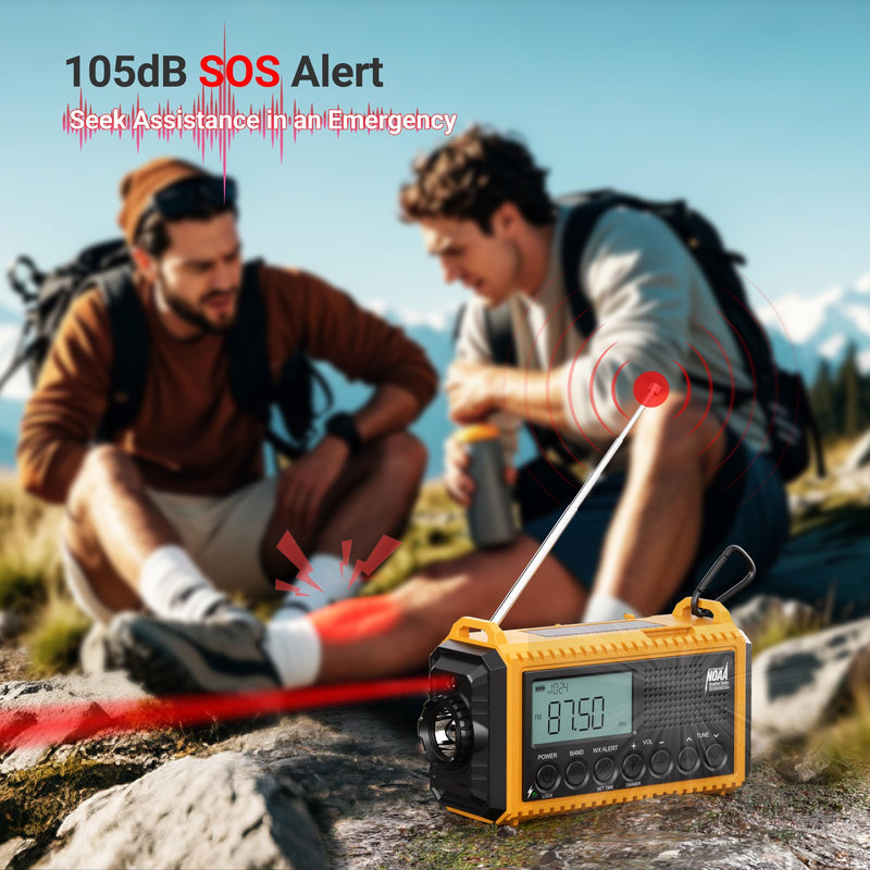 Mesqool 12000 Emergency Radio, Auto Digital Weather Radio NOAA/AM/FM/SW Battery Backup Crank with Flashlight Phone Charger, Portable Solar Powered Radio Backlit LCD Display, SOS Yellow/Black