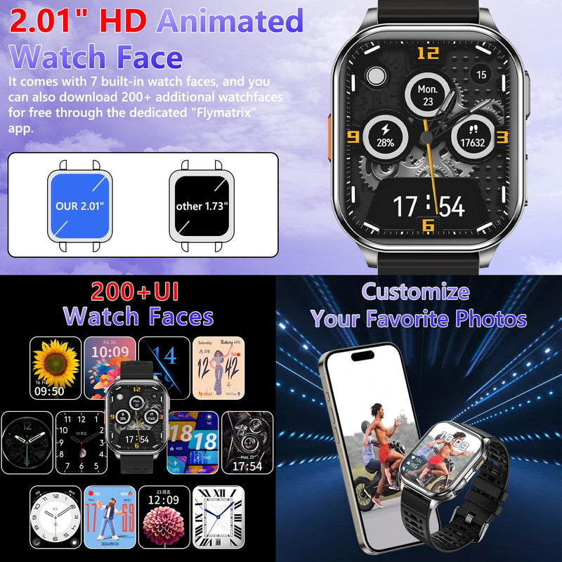 Smart Watches for Men Women with Built-in Camera 2.01" Touch Screen Play local music Save music Fitness with Heart Rate/SpO2/Sleep Monitor IP67 Waterproof Smartwatch for Android iOS 100+ Sports Modes
