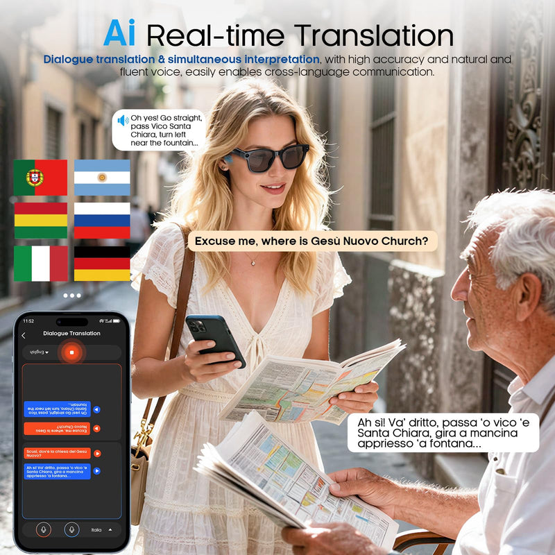 Nemheng AI Smart Glasses with 800mp Camera – Real-Time Translation in 139 Languages,1200p Video Recording,Open-Ear Audio,Object Recognition for iOS Android Glossy Black