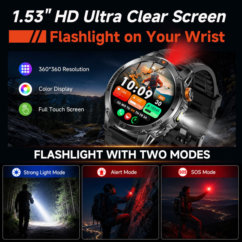 KPEP Smart Watch for Men (Answer/Make Call) - 1.53" HD Military Smartwatch | 100 Days Extra-Long Battery Life Fitness Tracker, Flashlight/100+Sports/Heart Rate/Sleep Monitor/IP68 Waterproof Android iOS