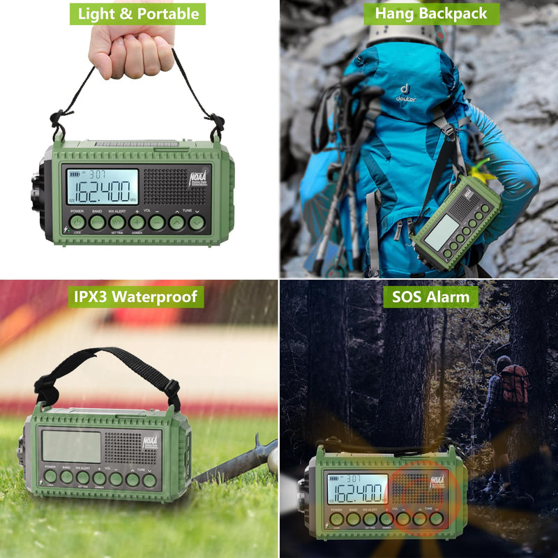 [AUSTRALIA] - Raynic Emergency Radio, 12000mAh/44400mWh Battery Operated Weather Radio, Solar Hand Crank Radio with AM/FM/SW/NOAA Alert, Cell Phone Charger, Type-C Charging, Flashlight and SOS Siren Olive-Green-LCD Display 