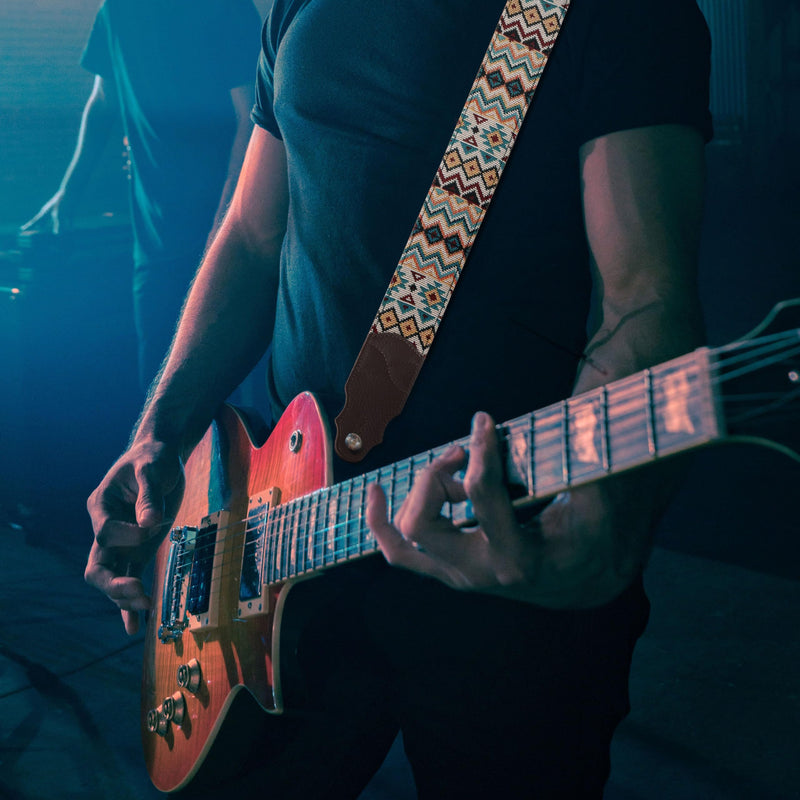 [AUSTRALIA] - Guitar Strap, Head Layer Cowhide Leather End, 2 Inches Wide, for Acoustic and Bass Electric Guitars, Free Button, 2 Strap Locks and 4 Guitar Picks Light Boho 