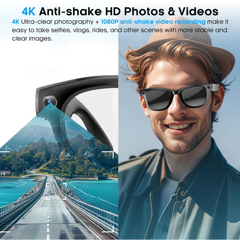 Yowow BIT AI Smart Camera Glasses with 4K Ultra-Wide Anti-Shake Camera,HD1080P Videos, Vlog Recording, AI Translation, AI Voice Assistant, Open Ears, Wi-Fi Transmission, Music Control Sunglasses