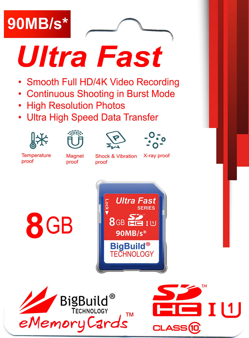 BigBuild Technology 8GB Ultra Fast SDHC 90MB/s Memory Card Compatible with Kodak PIXPRO FZ101, FZ102, FZ152, FZ201, FZ43, FZ51, FZ53 Camera Blue / Size: 8GB